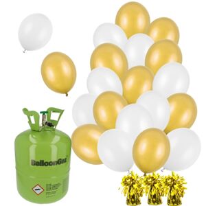 Helium + 30  balónků gold+ bílá 23 cm + 3 zlatá těžítka