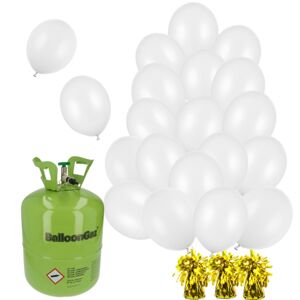 Helium + 30 bilých balónků 23 cm + 3 zlatá těžítka